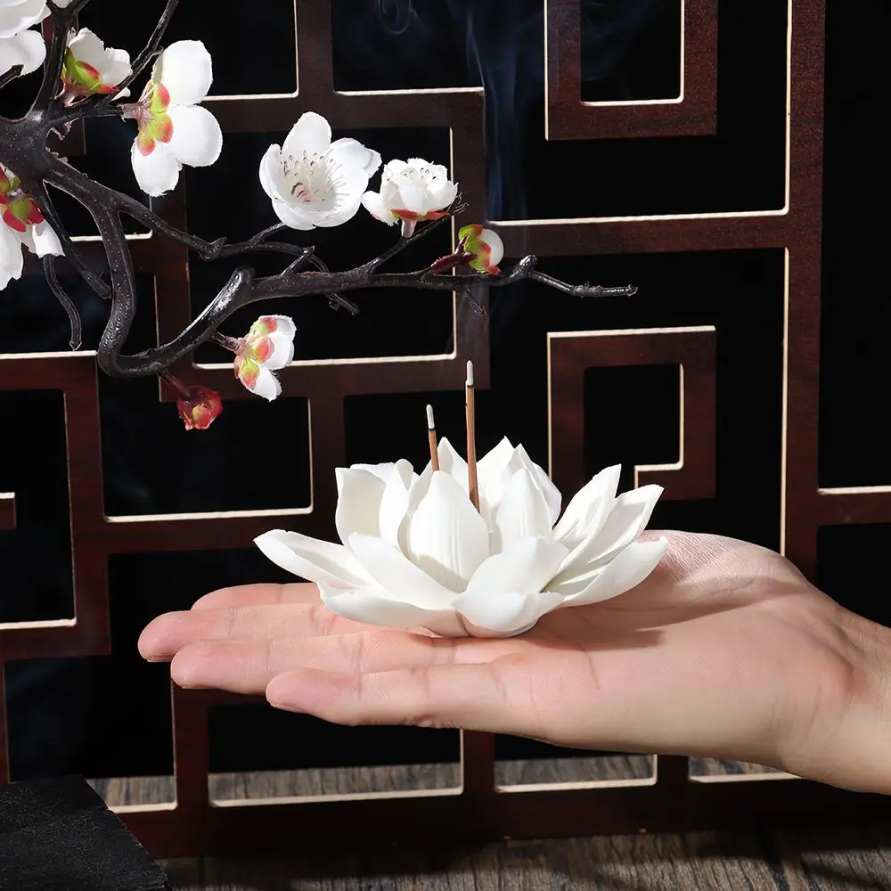 Ceramic White Lotus Incense Burner Incense Stick Holder Buddhist Home Decor Office Teahouse Incense Censer