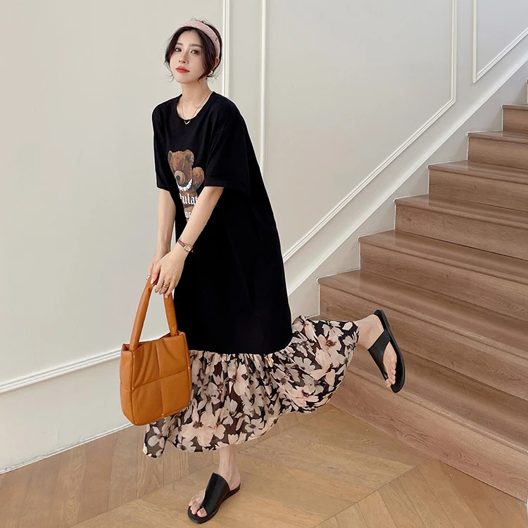 Loose Women's Summer Dr Knee-Length Floral Skirt ort Sve Street Sle Knitted Cotton Polyester H-ape round Ne