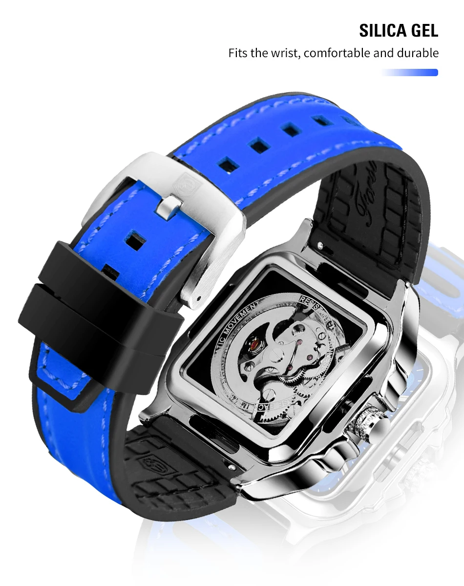 Forsining Original Square Skeleton Mechanical Men Watches Automatic Movement Field Sport Blue Rubber Luxury Replica Male Watch