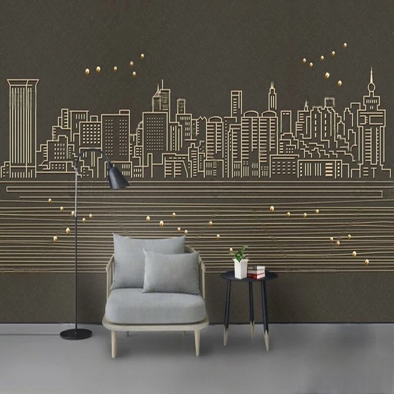 

Modern simple and elegant golden line urban architecture TV bedroom home decoration background wall painting