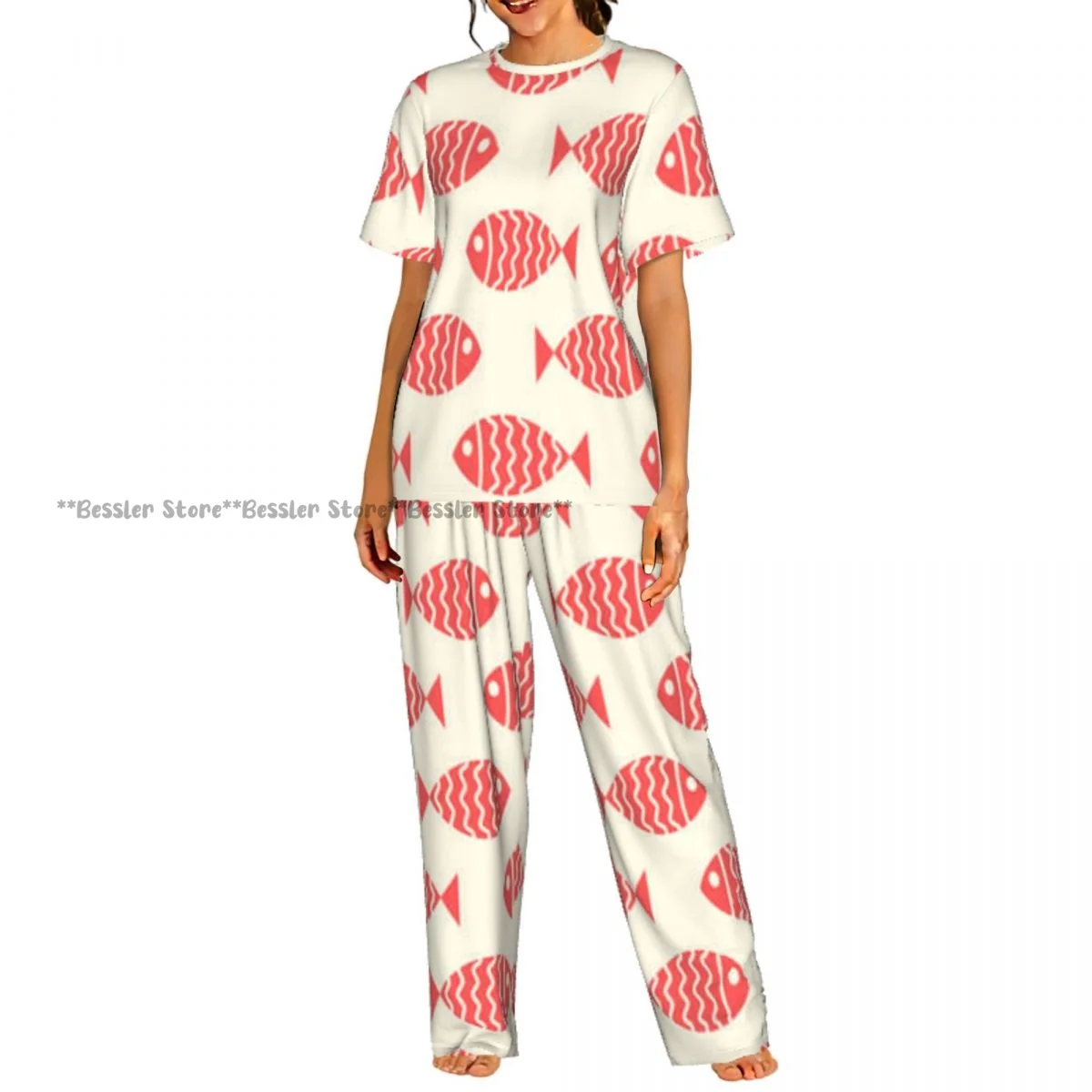

Женский повседневный пижамный комплект с короткими рукавами и брюками, с мультяшным принтом рыбы в морском стиле