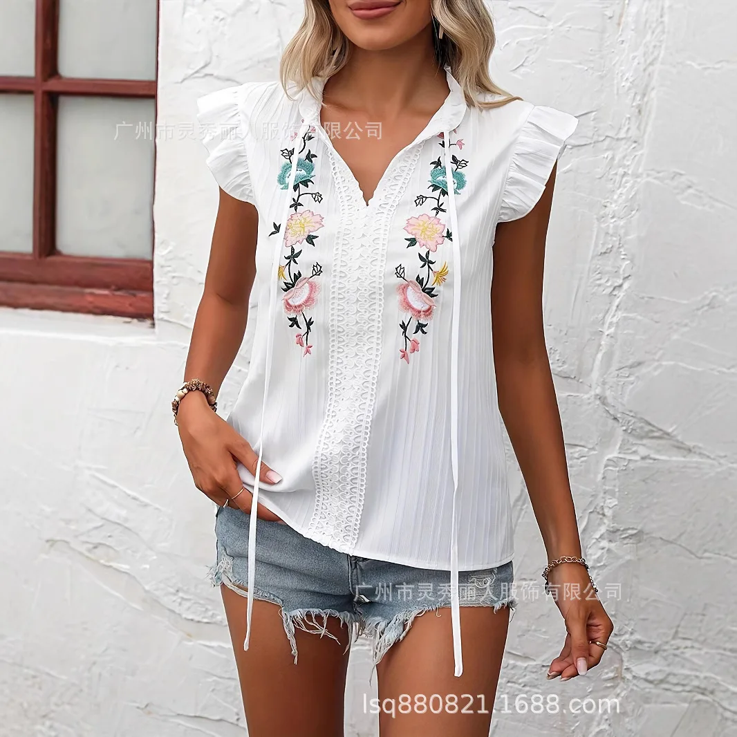 Elegantes, süßes, kurzärmeliges, besticktes Hemd für Damen, Sommer, 2022, modisch, locker, rüschen, weiß, mit Schnürung, Tops, Bluse