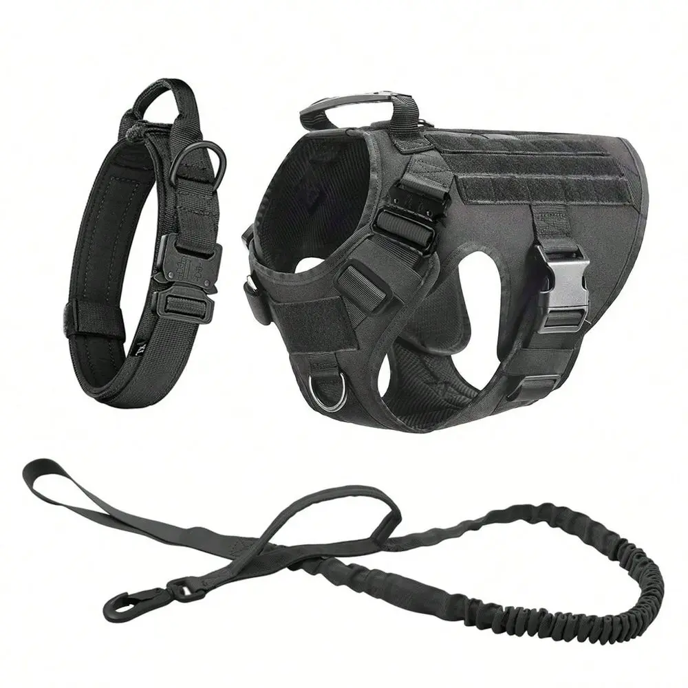

Tactical Dog Harness Set, Adjustable Training Dog Vest Leash Collar For Medium And Large Dog Breeds Durable Nylon Fabric With H