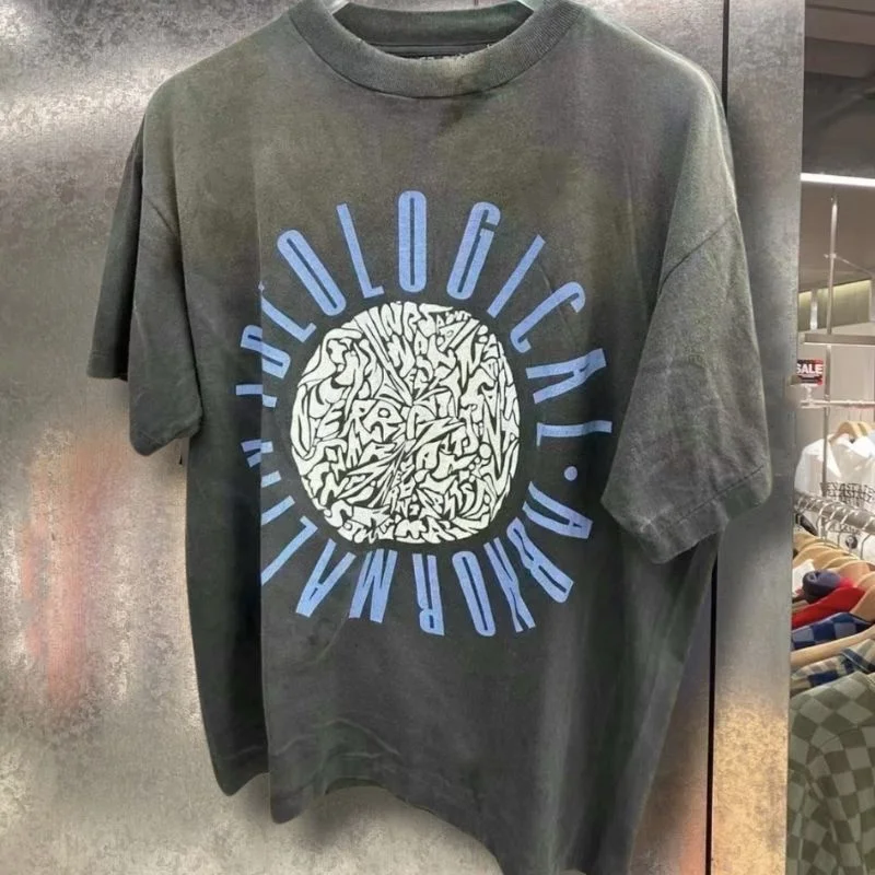 

Summer Cotton Saint Tshirts Blue Surround Letter Slogan Print Washed Vintage Breathable Tops Men Women Short Sleeve Streetwear