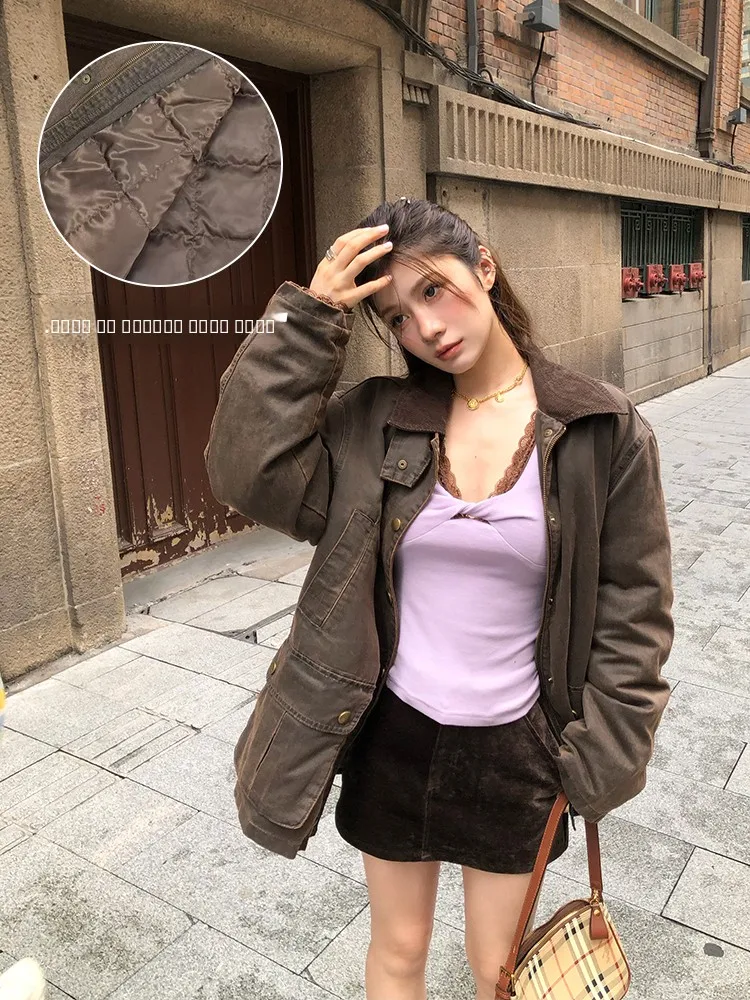 

Waed Old Hong Kong Workwear Miu Series down Jaet Brown Workwear Coat Vintage Sle Loose Fit Thiened Long Sve Coat