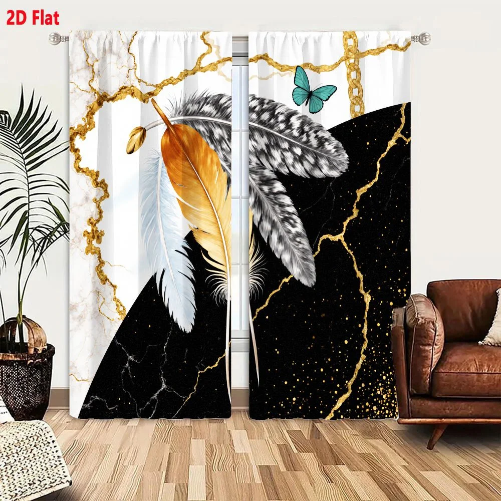 2Pcs Curtains 2D Flat Artistic Composition With Light Blue Golden Yellow Gray White Feathers Teal Butterfly On White Marble And