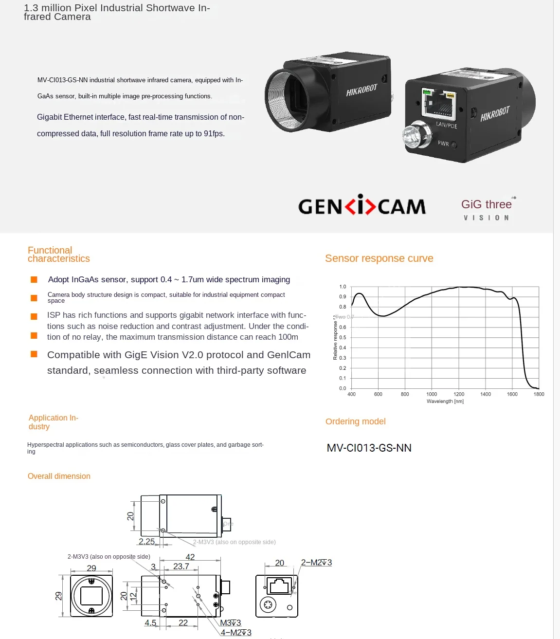 HIKROBOT Industrial shortwave infrared camera broadband imaging InGaAs sensor image preprocessing visual inspection