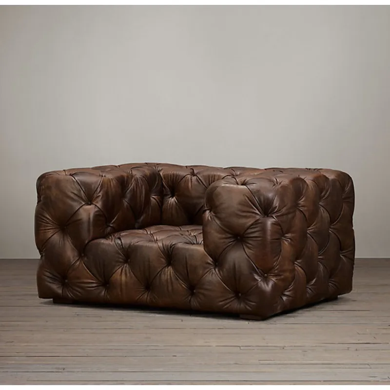 American Italian modern light luxury French rural retro solid wood furniture pull button wax oil leather sofa