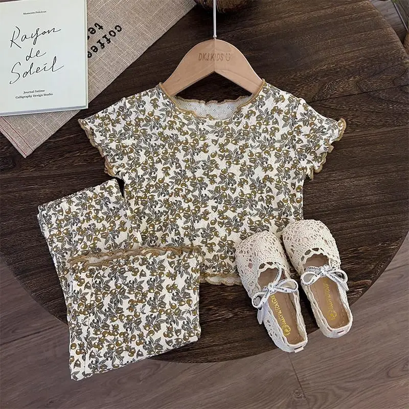 Girls\' Sets Vest Shirt Pants Suits Elastic Thin Summer Pajamas Clothes 2024 Flower Casual Style Little Girl Home Daily Suits