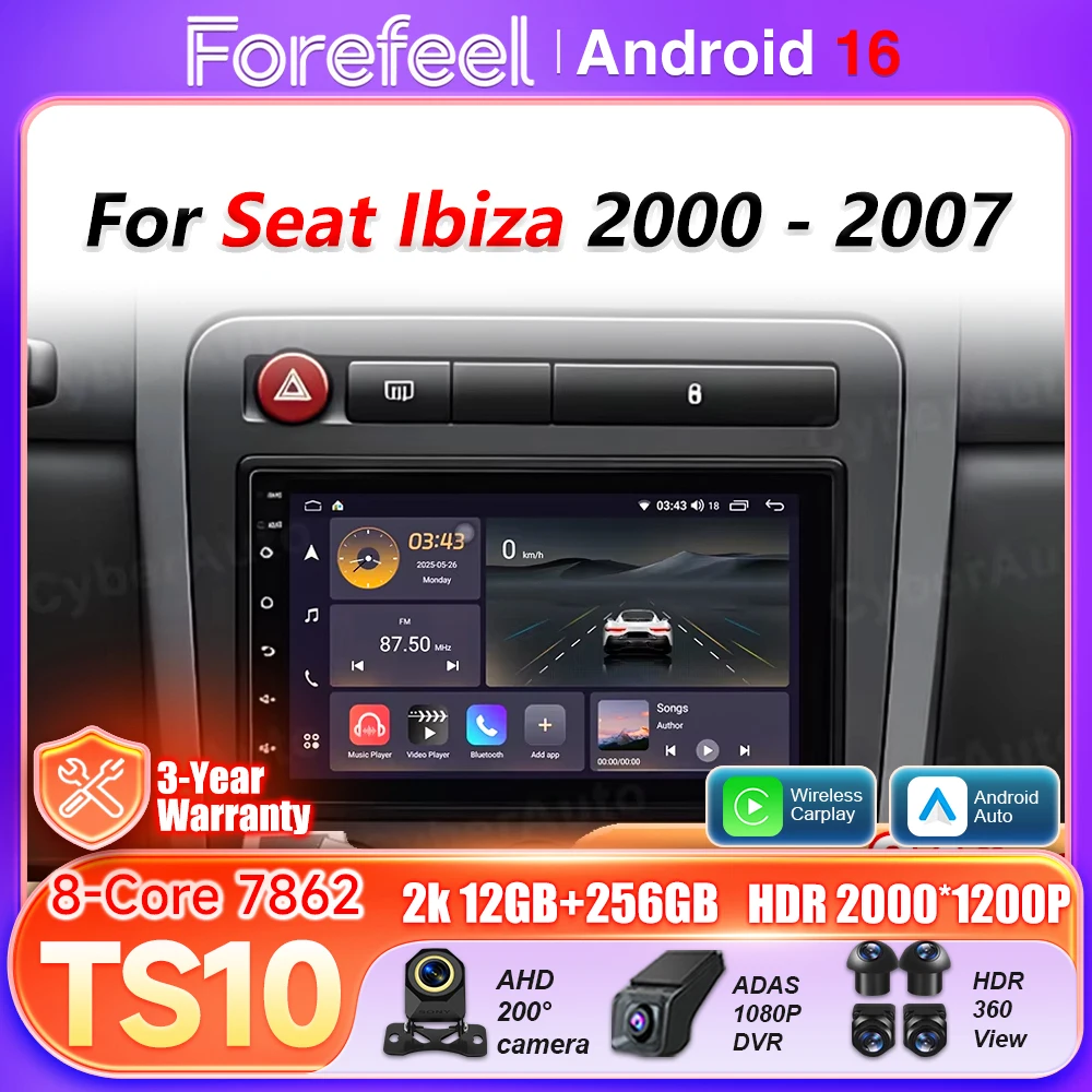 Android16 Auto Carplay Car Radio For Seat Ibiza 2000 2001 2002 - 2007 DSP Multimedia Player 5G Wifi GPS Navigation DSP BT Stereo