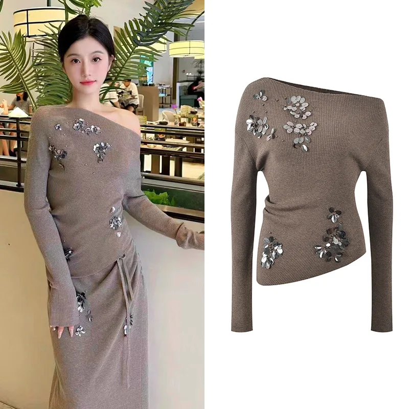

Sexy Slim Fit Knitted Top oulder Bared Heavy Embroidery Fleads Design Versatile ey Anti-Aging for Women Autumn Wear