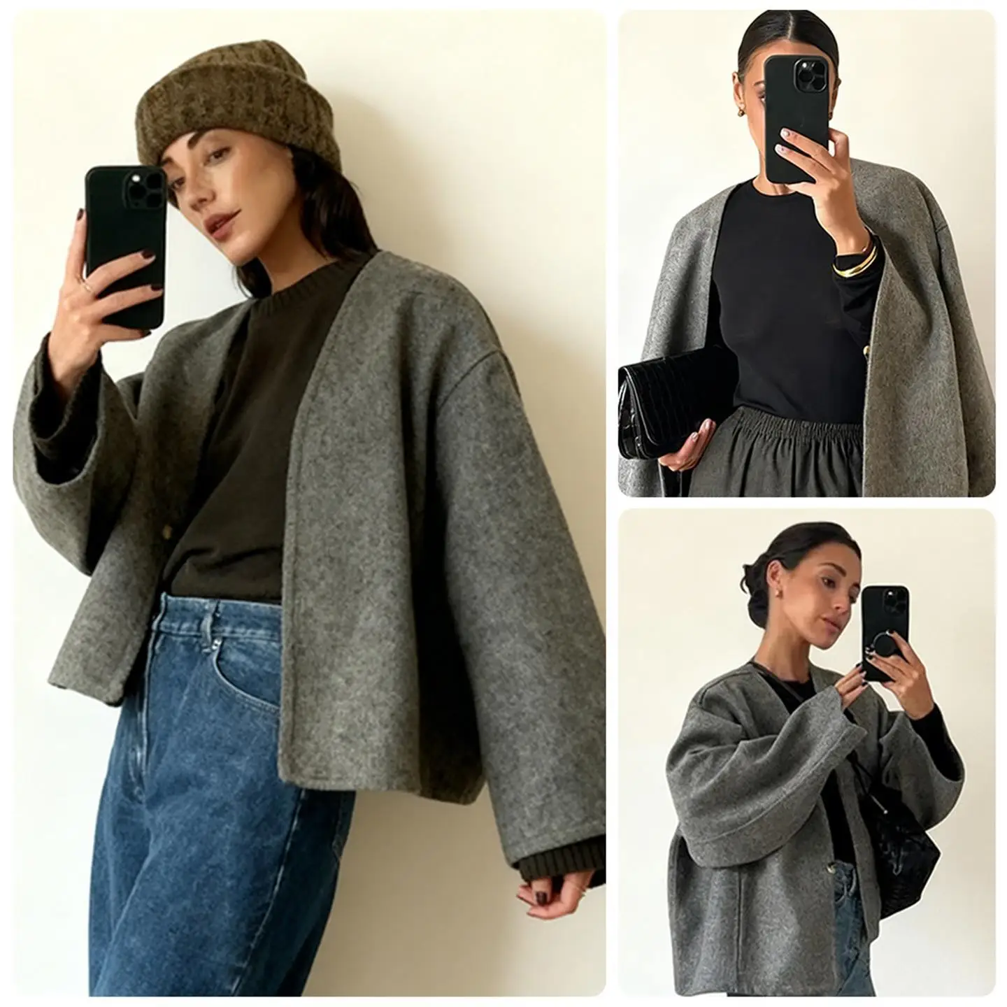 2024 New Fashion Pure Color Short V-Neck Woolen Open Cardigan Women's Single Button Coat Stylish European Style Cotton Jacket