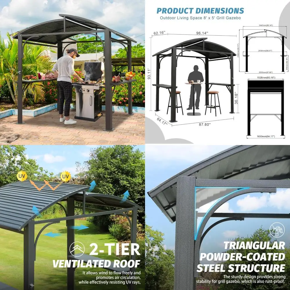 شرفة شواء خارجية - مأوى شواية صلب بطول 8 × 5 أقدام مع سقف فولاذي مجلفن مزدوج ورفين جانبيين #1