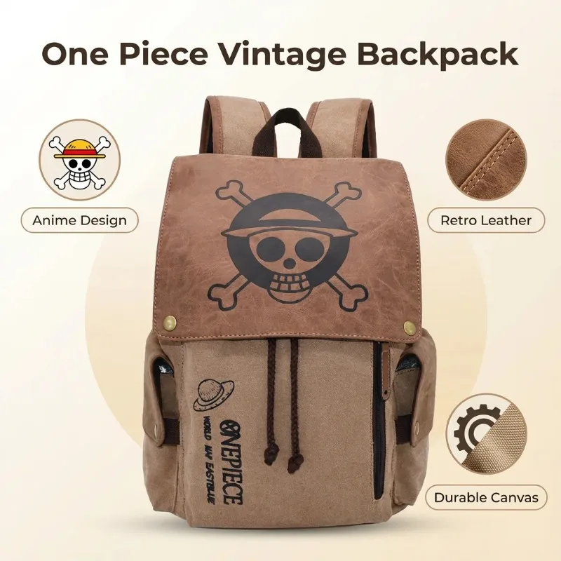 One Piece Anime Backpack Vintage Canvas School Bag Straw Hat Pirate Skull Print Travel Daypack for Men Women