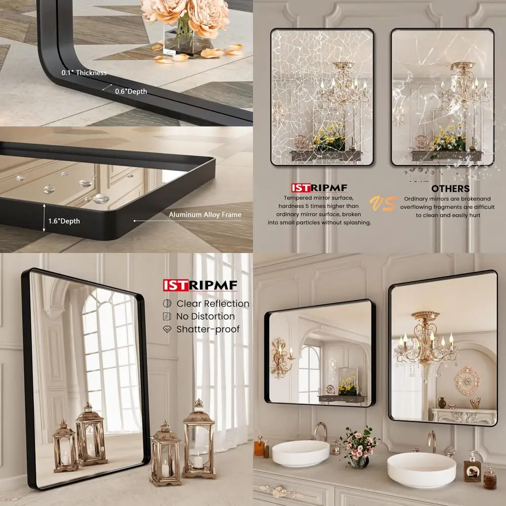 

24x28 Inch Rounded Matte Black Tempered Glass Bathroom Mirror with Anti-Rust, Horizontal or Vertical Hanging Options