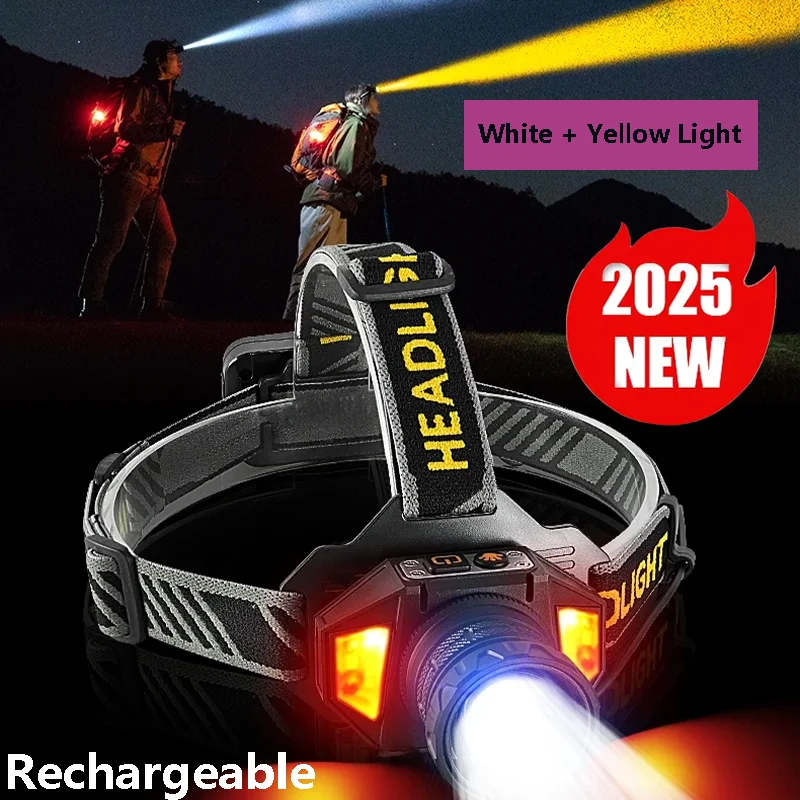 

2025 сверхмощный светодиодный налобный фонарь с двойными лампами и бусинами, мощный перезаряжаемый налобный фонарик со встроенной батареей, колпачок для фар