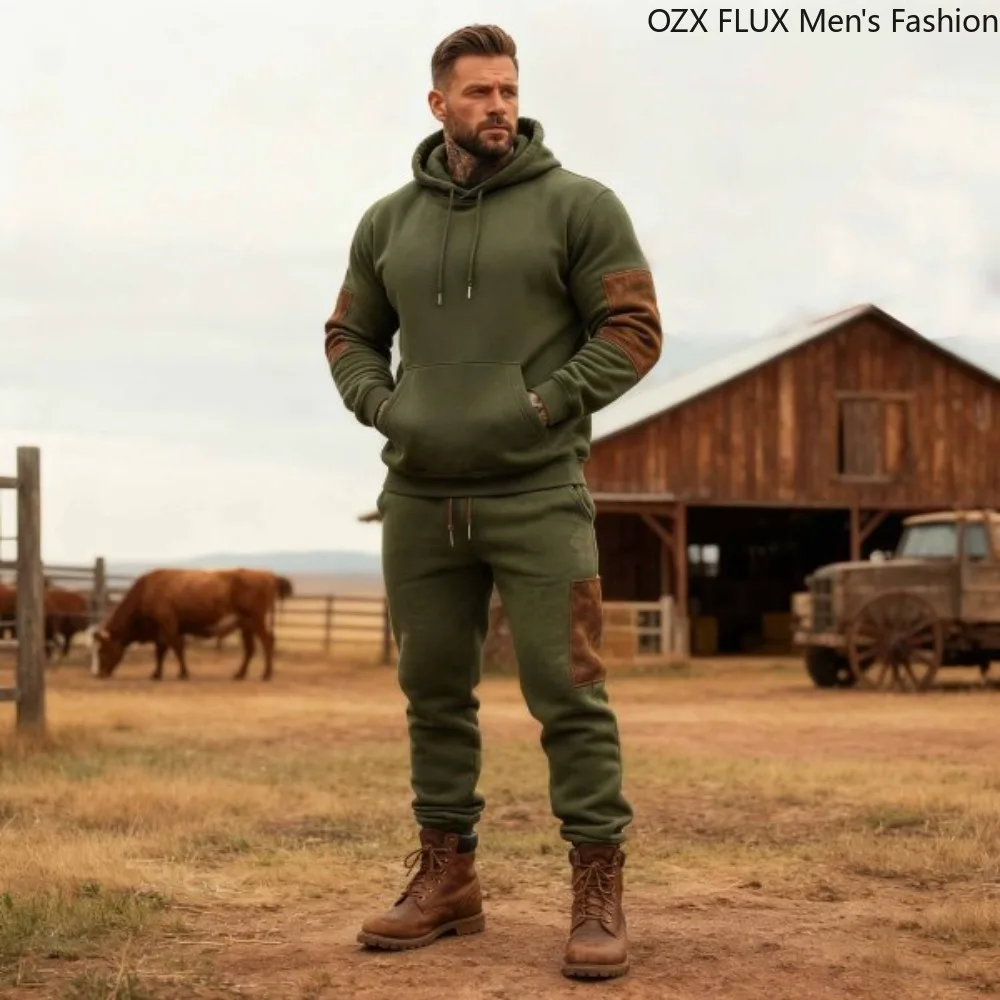 

3xl Autumn Winter Men 2-pcs Fashion Lightweight Breathable Army green Stitching Brown Suede Hoodie Jogger Two Piece Sport Outfit