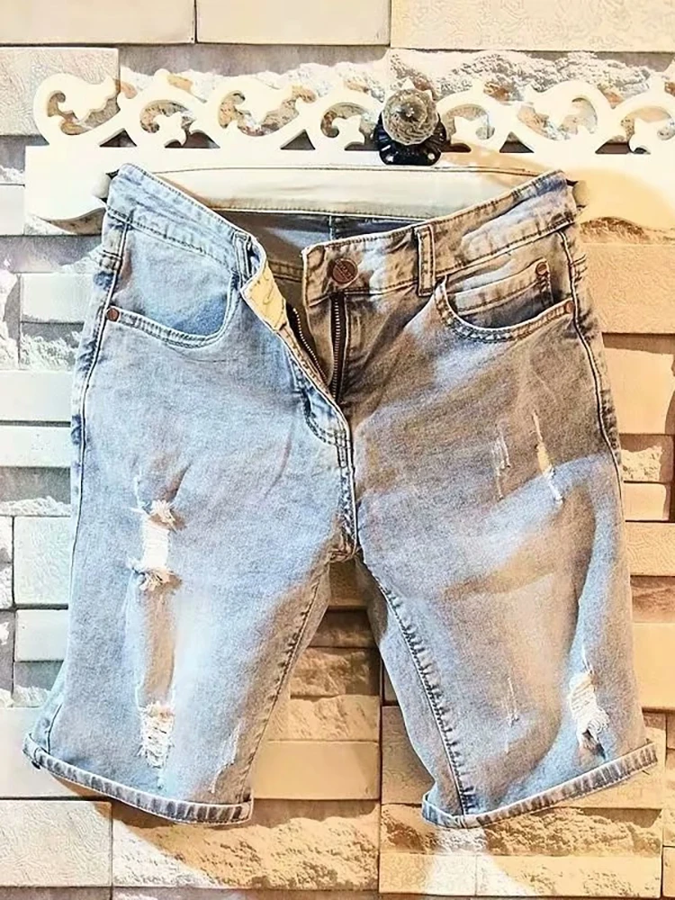

Летние тонкие рваные джинсы-шорты для мужчин, светлые, длиной до колена, в корейском стиле, прямые, со средней посадкой