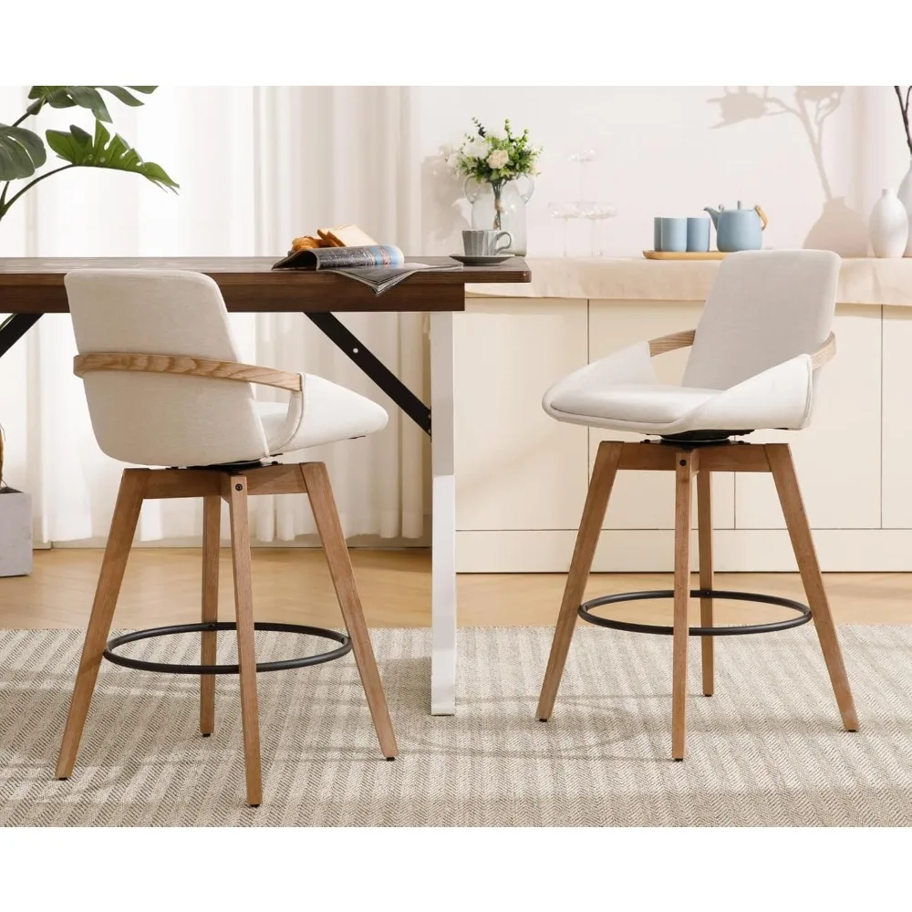 

Swivel Counter Height Bar Stools Set of 2 Mid Century Modern Natural Wood Barstools with Back and Arms Comfortable Upholstered