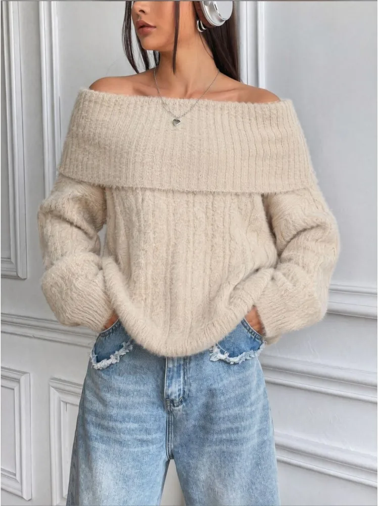 Women's Clothing One Shoulder Knitted Top Long Sleeve Loose Pullover Sweater All-match Loose Simple Style Comfortable Fashion