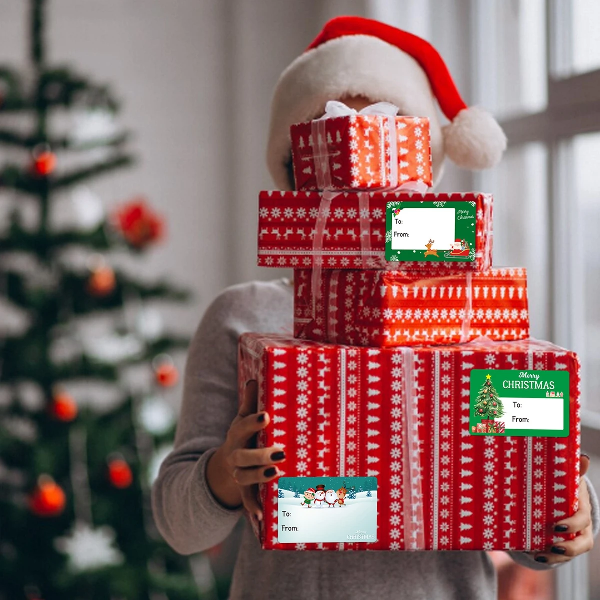 60 قطعة من ملصقات علامات عيد الميلاد، 8 ملصقات هدايا ذاتية اللصق بتصميم علامات أسماء مع رجل الثلج سانتا شجرة عيد الميلاد وأجراس الرنة للعطلات #4