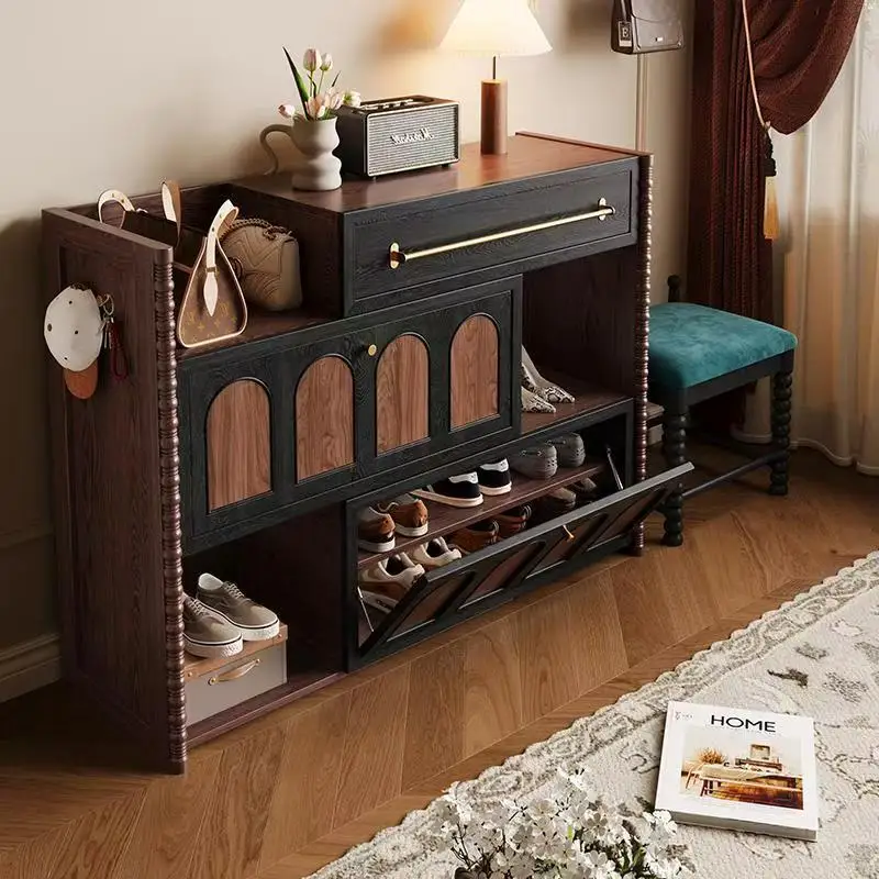 خزانة شرفة دخول من الخشب الصلب على الطراز الفرنسي القديم، خزانة تخزين باب المنزل لغرفة المعيشة