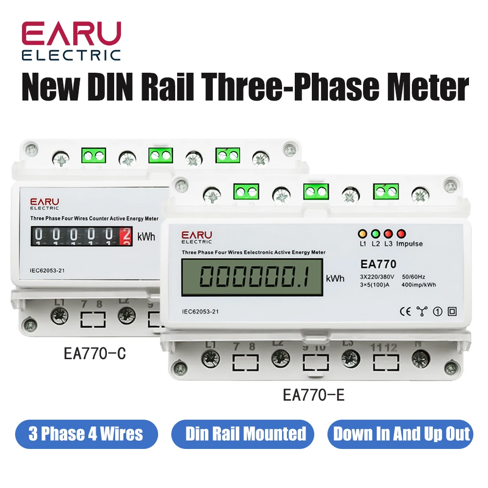 Three Phase Four Wires Eelectronic Active Energy Meter kWh Power Consumption Monitor DIN Rail 50/60Hz 3*5(100)A 50/60Hz  LCD LED