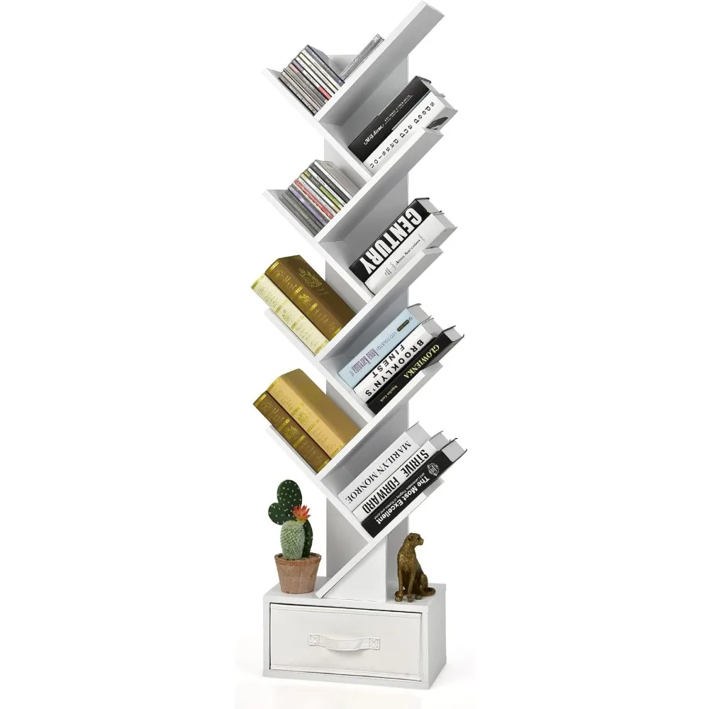 Tree Bookshelf with Drawer, 10 Shelf Space Saving White Wooden Bookcase, Freestanding Retro Wood Storage Rack, Decorativ