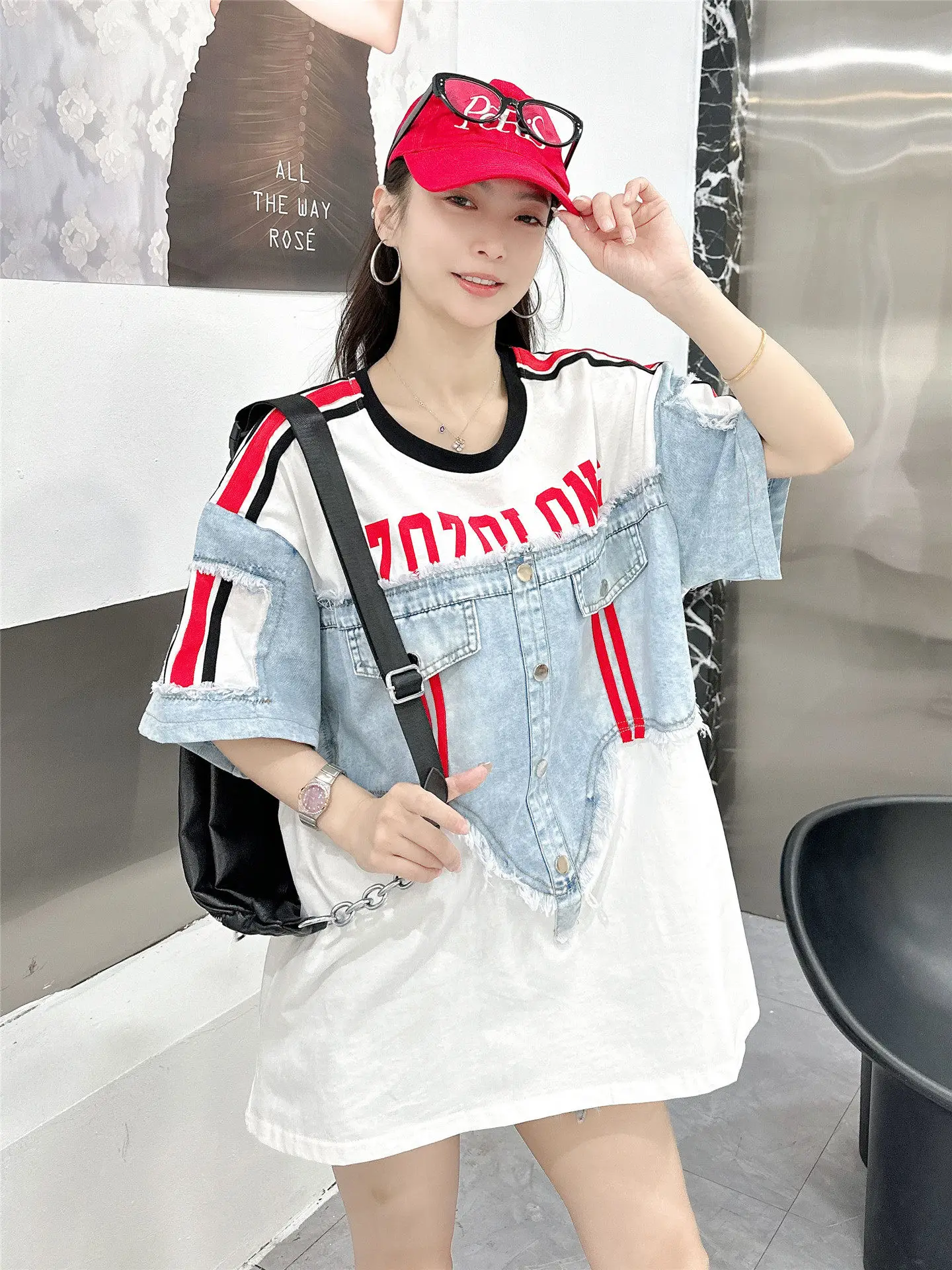 

Plus Size American Retro T-Shirt Streetwear Trendy BF Style Loose Fit High Street Patchwork Round Neck Short Sleeve Casual Top