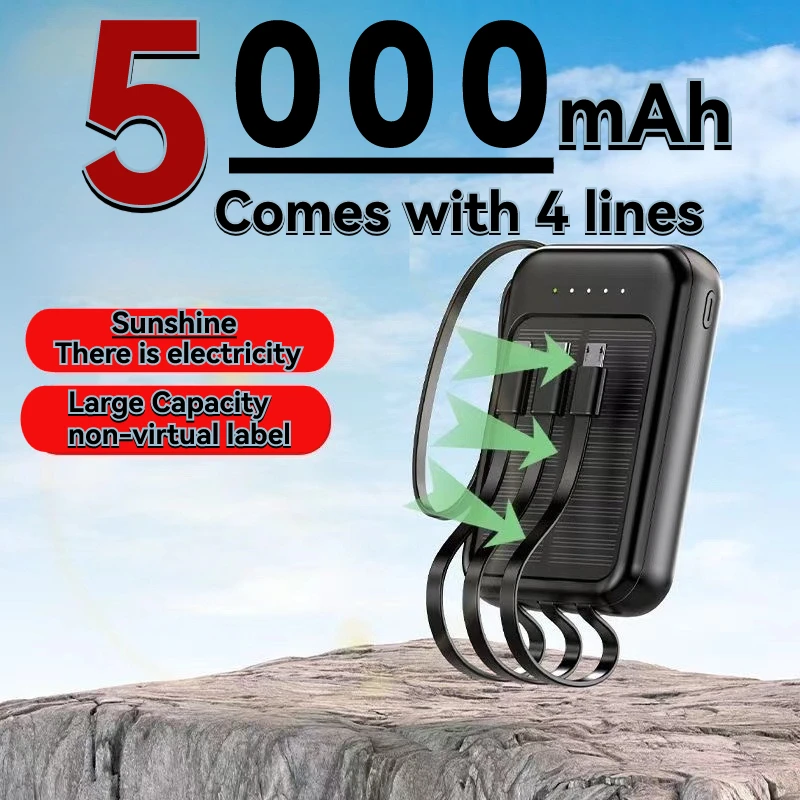 4-wire solar power bank, 5000mAh fast charging, compact and large capacity, suitable for iPhone and Android phones