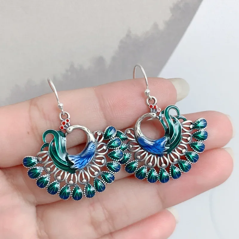 

Ethnic 925 Sterling Silver Enamel Phoenix Drop earrings Retro Statement Bird Hanging For Women Christmas Jewelry EH237