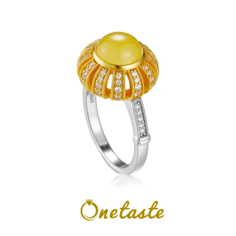 Natural Amber 925 Sterling Silver Two Tone 5A Zircon Women's Ring Simple Chic Luxury Round Cocktail Rings 2023 New Gift For Her