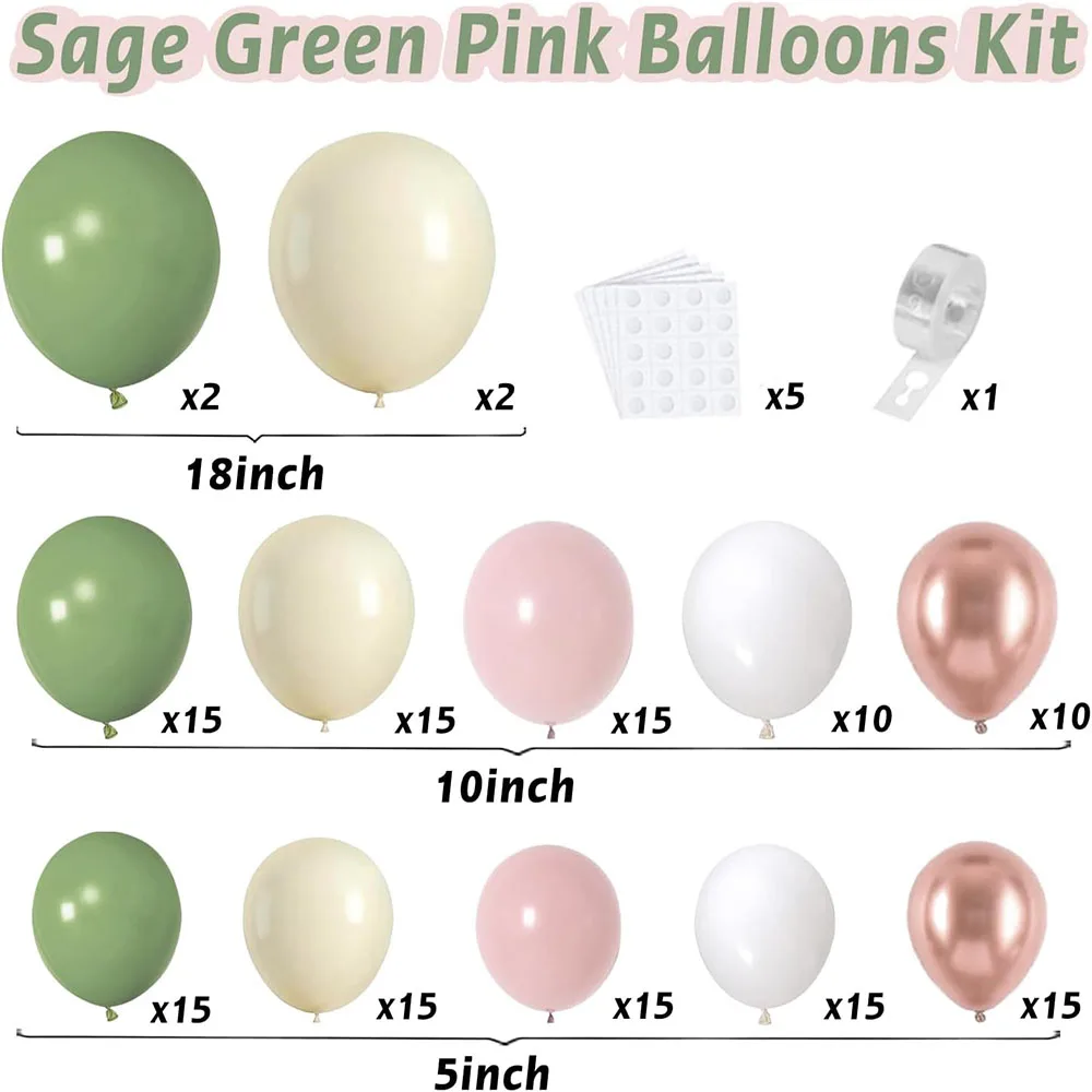 Gray Green Pink Balloon Garland Arch Set, Blush Pink Rose Gold Latex Balloon Olive Green and White Sand Balloon Suitable for Bohemian Birthday Baby