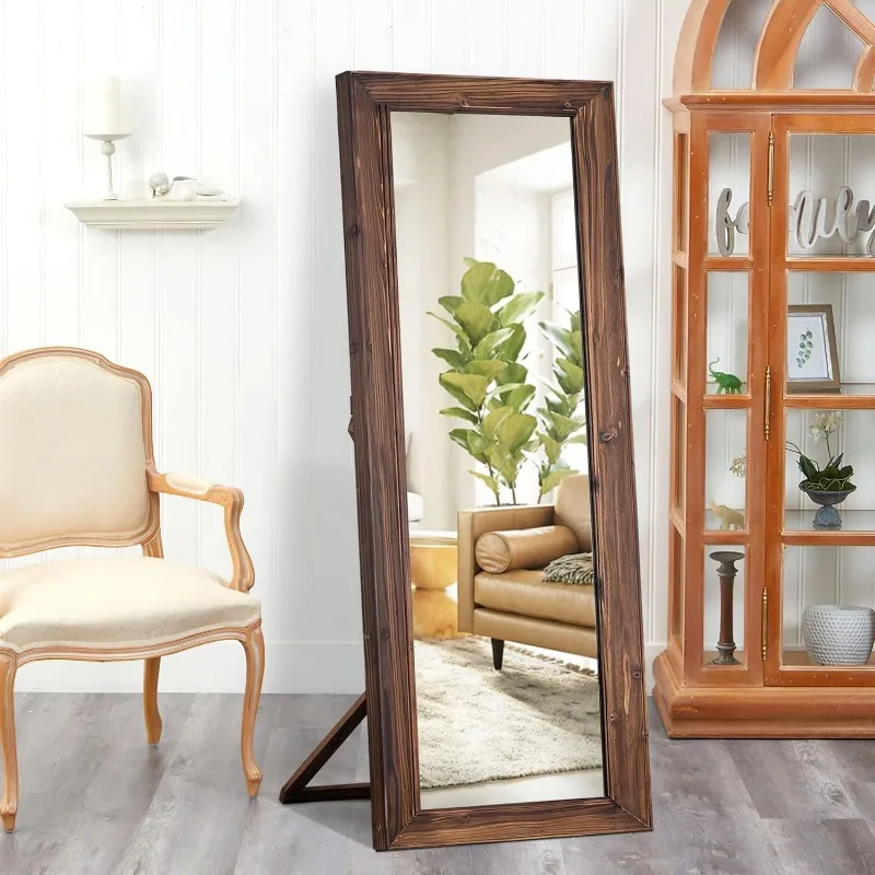 Miroir sur pied avec cadre en bois massif, miroir pleine longueur, support vertical et horizontal, robe murale