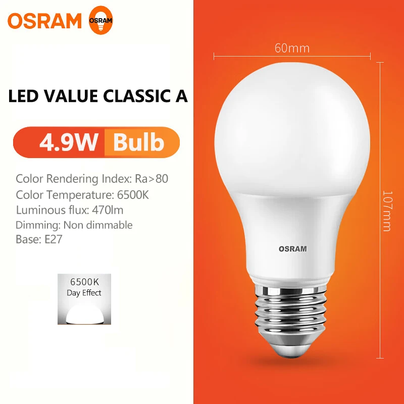 OSRAM LED Value Classic A Bulb 4.9W 865 220V Frosted Lamp E27 Base 6500K Daylight White Color Outdoor Indoor House Light AC46252