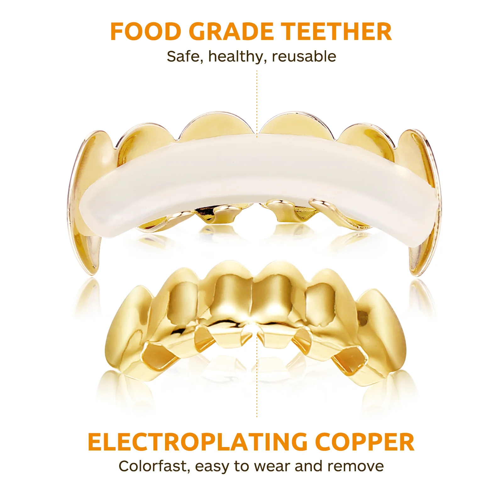 1 Set Hip Hop Style Teeth Plated Gold Polish Teeth Upper and Bottom Shiny Teeth for Cosplay Halloween Theme Party