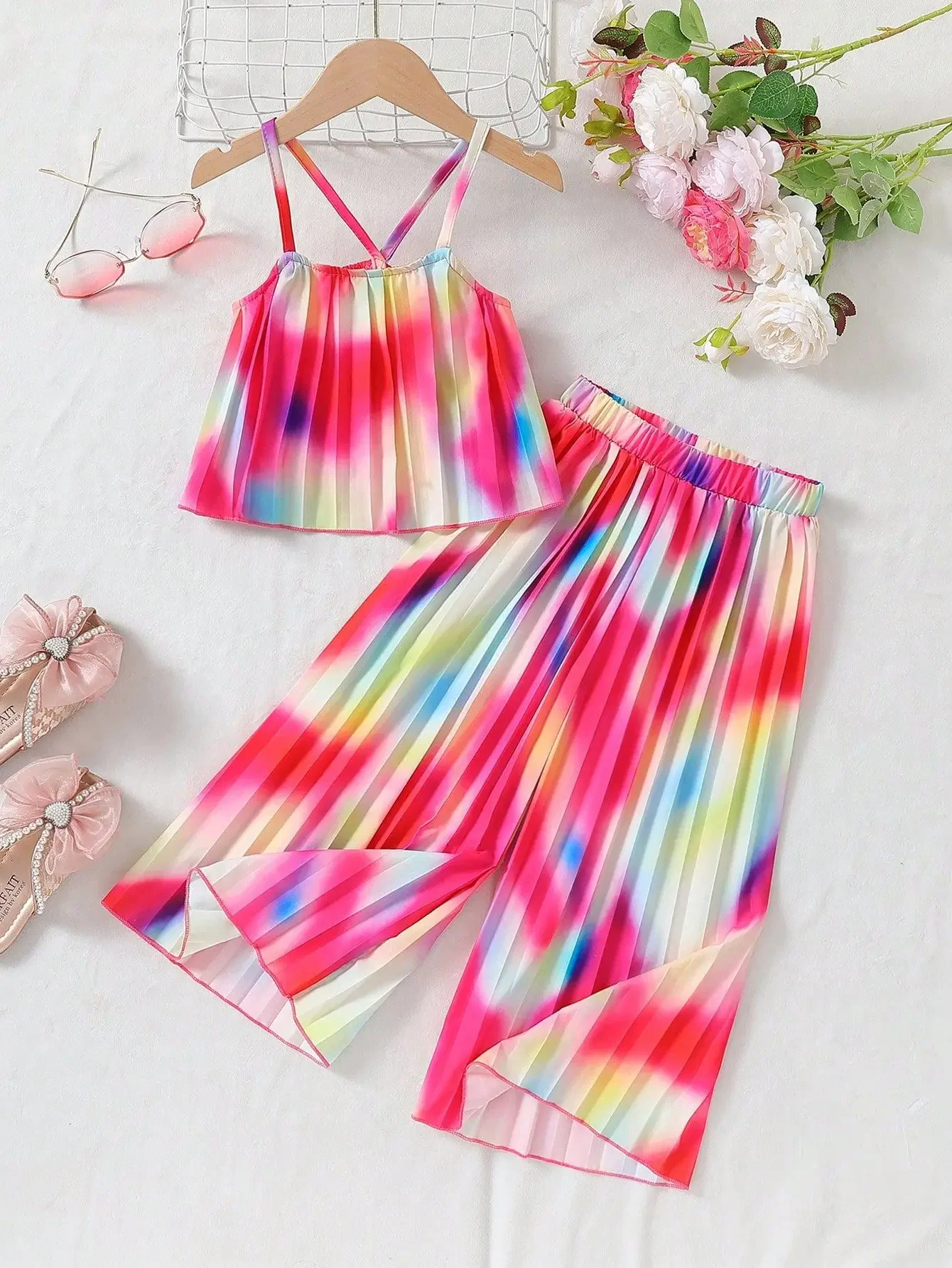 

4 5 6 7 Years Summer Girls Clothing Sets Tie Dye Fashion Top + Wide Legged Pants 2Pcs Girls Suits Birthday Gift New Kids Clothes