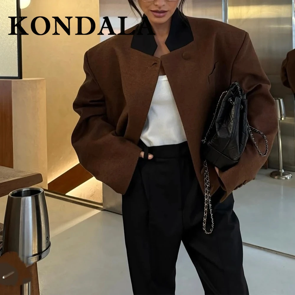 KONDALA Chic Streetwear Vintage Soild Women Outwears Fashion 2025 Autumn Single Breasted Pocket Straight Vintage Female Jacket
