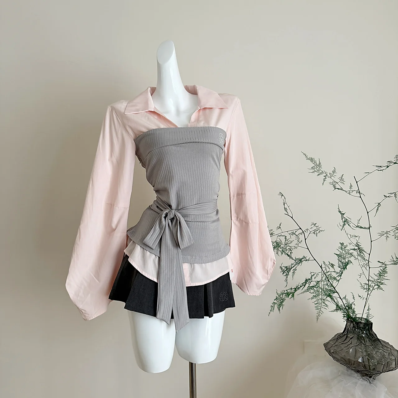 

Женская весенне-осенняя рубашка с эффектом двухслойности, в стиле пэчворк, с длинным рукавом, отложным воротником и шнуровкой на талии, уличный стиль