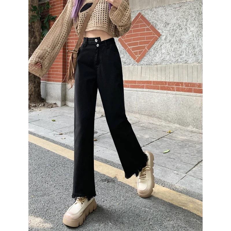 جينز أسود عالي الخصر مستقيم الساق للنساء الكمثرى ربيع 2025 جديد Sle بنطال ذو قصة أرجل واسعة مزيج القطن المضاد للتجاعيد
