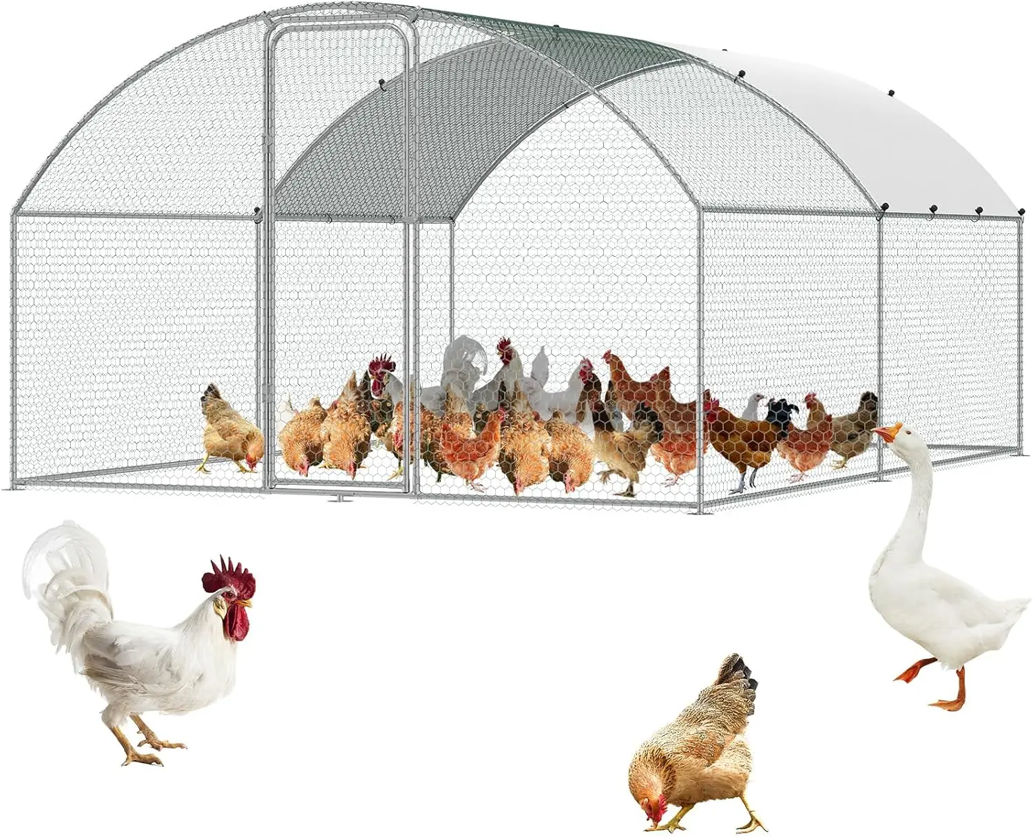 

Large Metal Chicken Coop with Run Walkin Poultry Cage for Yard with Waterproof Cover 13.1 x 9.8 x 6.4 ft Doom Roof Hen House