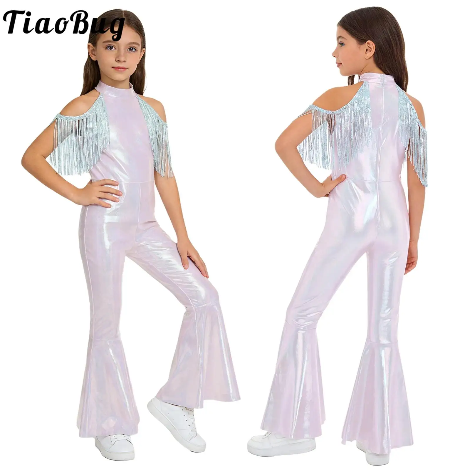 

Kids Girls Sequined Tassel Metallic Jumpsuit for Jazz Tango Disco Performance Costume Cold Shoulder Bell-Bottom Jazz Bodysuits