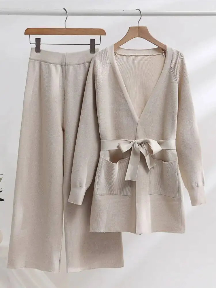 Winter Thicken Wide Leg Pants Knit Pocket Cardigan Coat Two-piece Set Women Autumn Fashion Loose Pants Suit Tracksuits Elegant