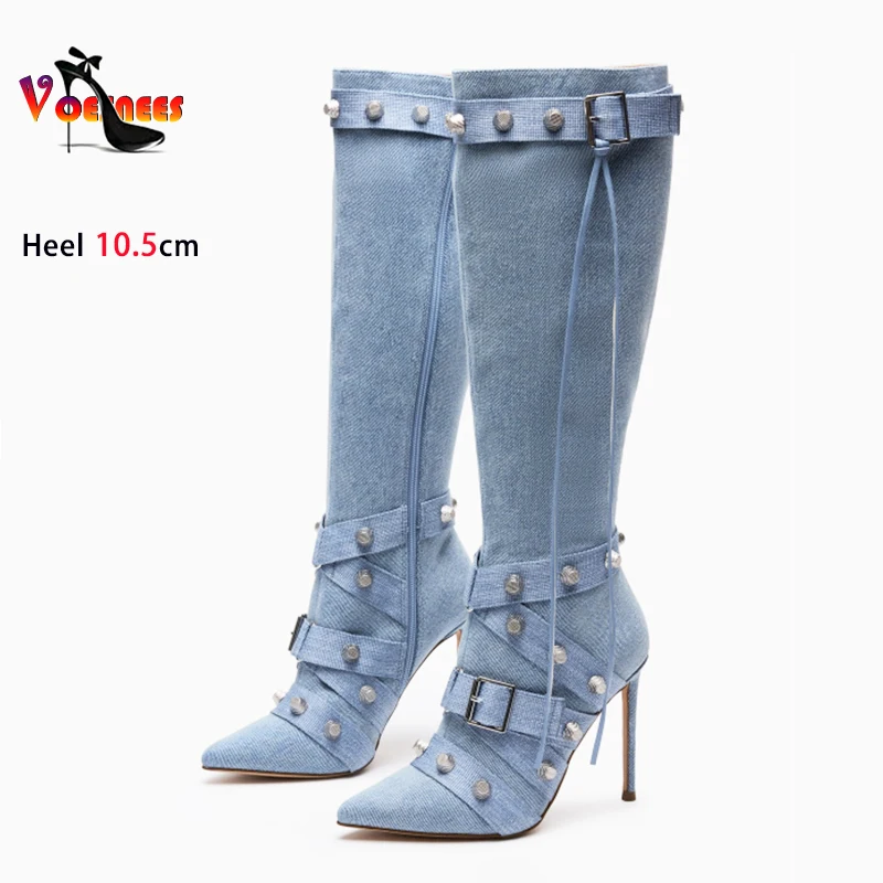 2024 New Women Long Boots Europe and America Style Buckle Side Zip Rivet Shoes 10.5CM Stiletto Heels Pointed Toe Knee High Boots