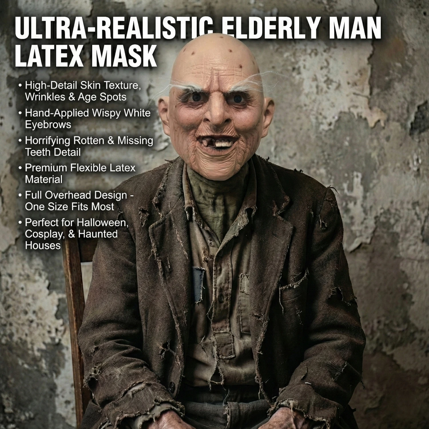 

Realistic Elderly Man Mask - Creepy Wrinkled Grandpa Latex Full Head Mask with Rotten Teeth for Halloween Cosplay PrankProp