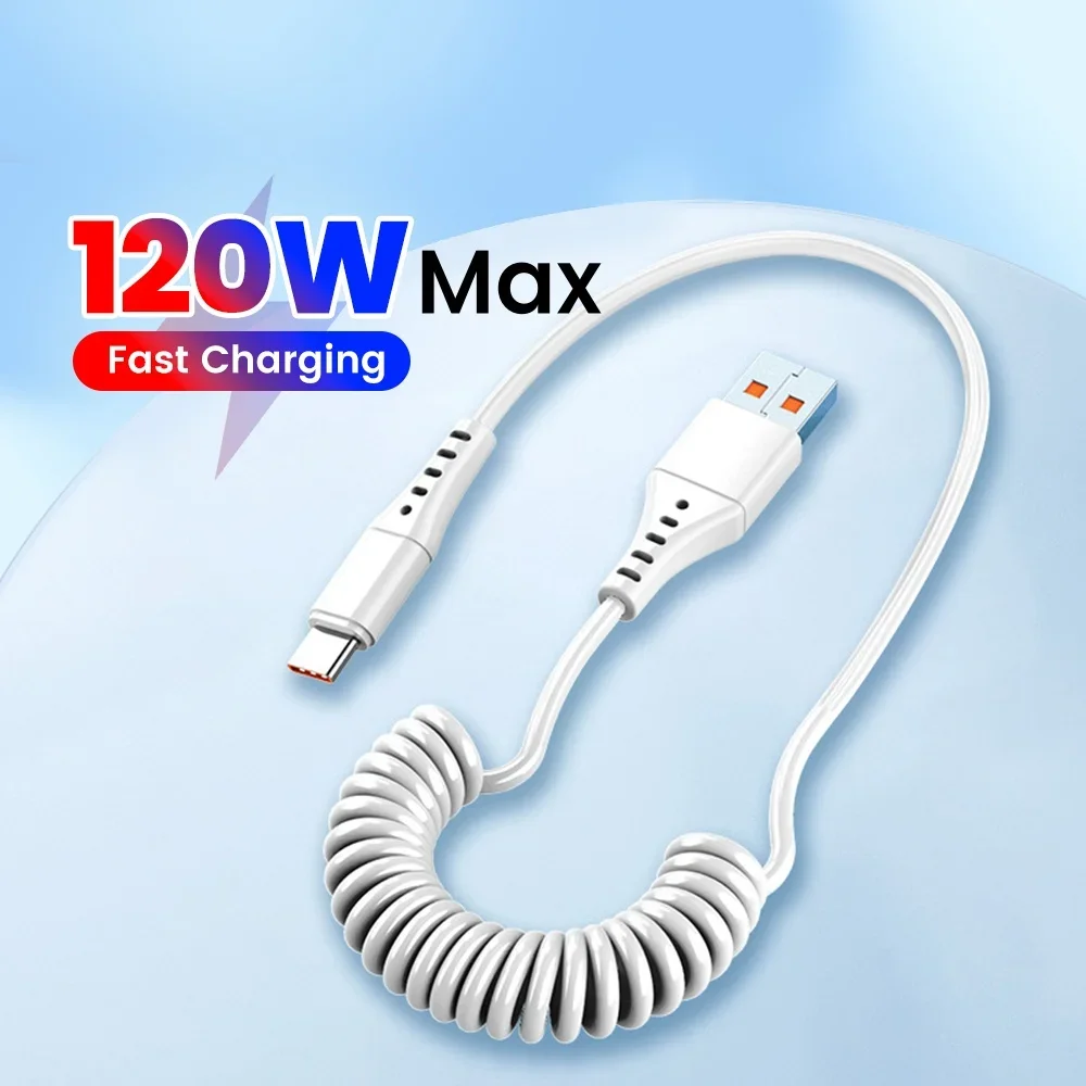 120W Car Spring USB Type C Cable Fast Charging USB C Type C Data Cable  For iphone16 15 Samsung Huawei Xiaomi Phone USB C Cable