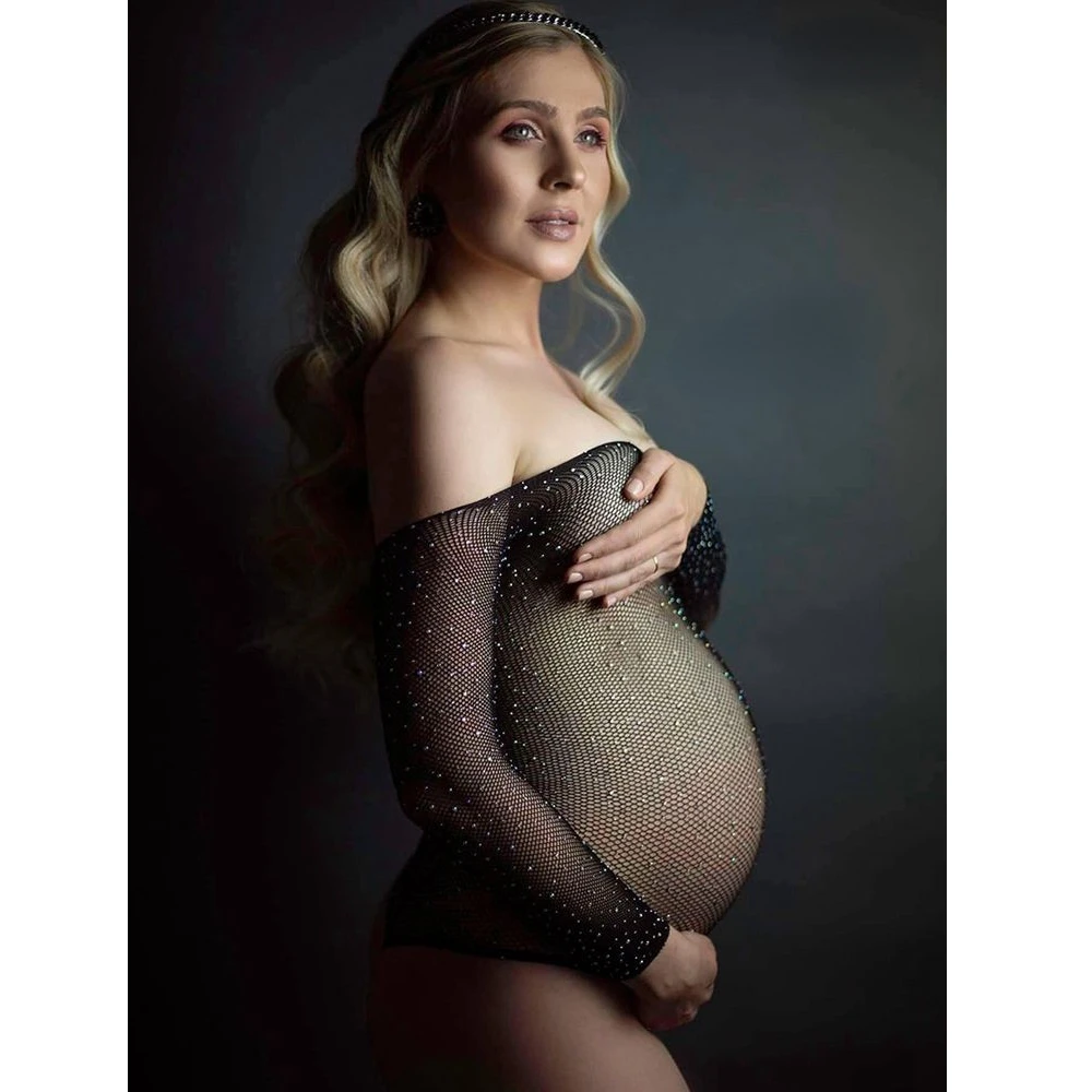 

Maternity Photography Props Grid Sexy Black Diamond Dresses Lace Gown Pregnant Women Clothes Photo Shoot Studio Accessories