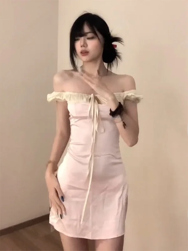 Vestido Corto Sexy Estilo Francés para Mujer, Verano, Escote Bajo, Lazo en la Cintura, Falda Ajustada, Bloques de Color, Cuel...