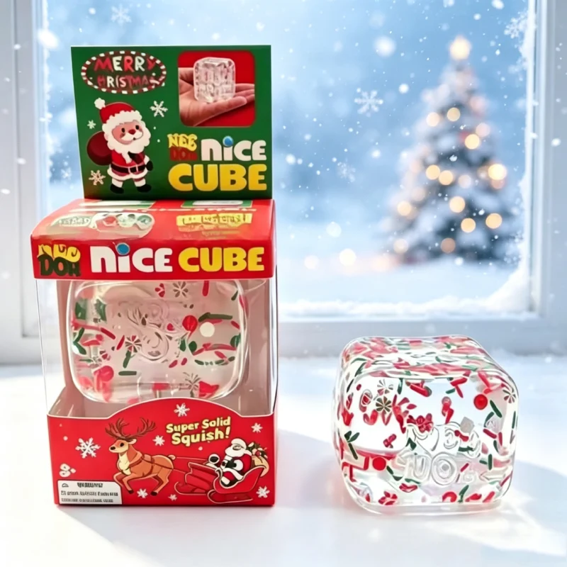NeeDoh Xmas Santa Nice Cube Squish Fidget Toy, Soft Squeeze Cube with Candy Cane Snowflake Element, Stress Relief Toy