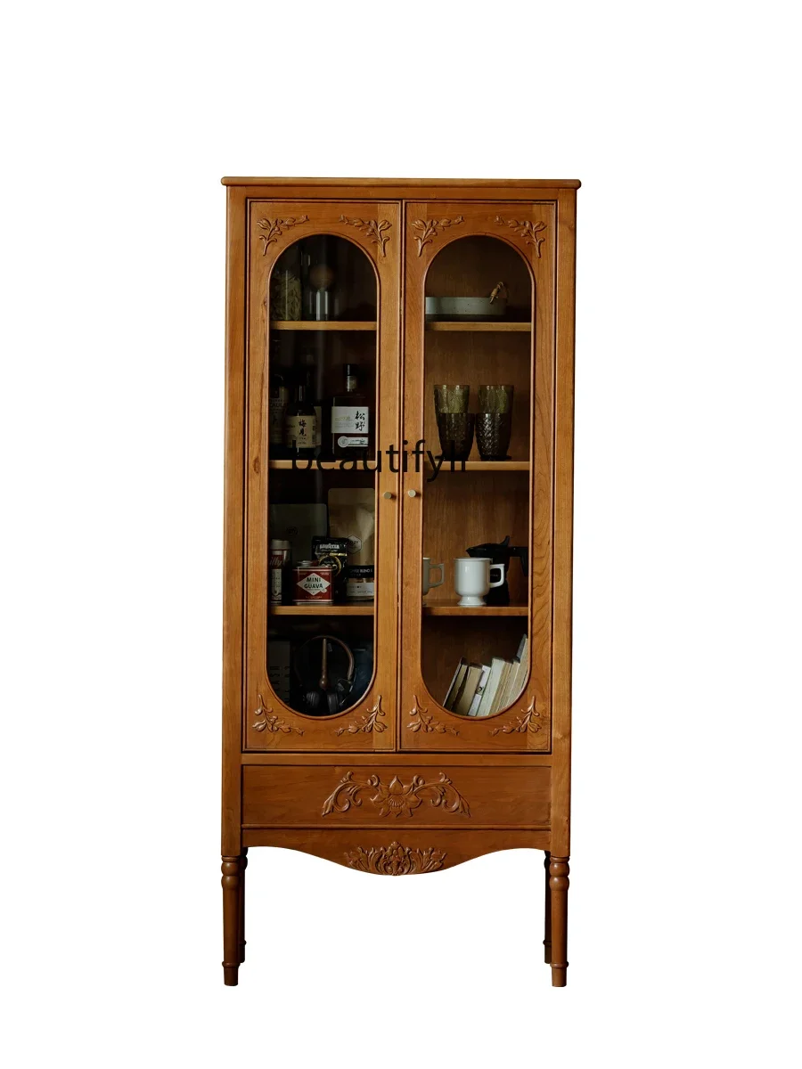 

Cherry wood French retro style home bookcase wine cabinet, medieval storage display cabinet